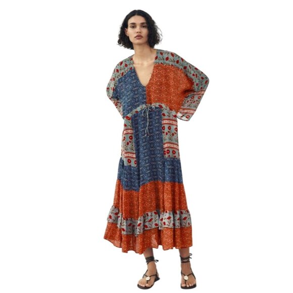 Zara Size M Ruby Dress Multicolored Printed Midi Dress V-Neck Lined Bohemian - Picture 2 of 15